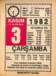 3 Kasım 1982 Takvim Yaprağı - Doğum Günü Hediyesi EFMN15988 - Gökçekoleksiyon