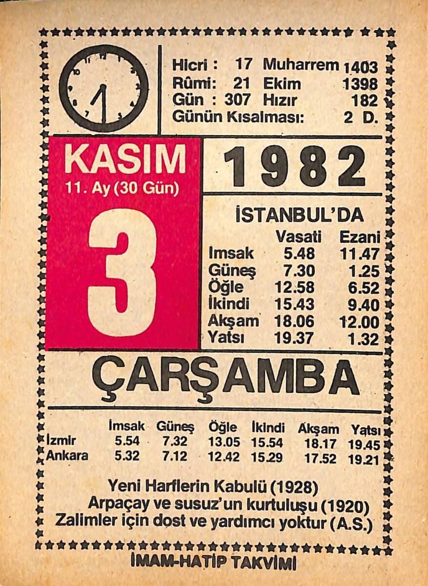3 Kasım 1982 Takvim Yaprağı - Doğum Günü Hediyesi EFMN15988 - 1