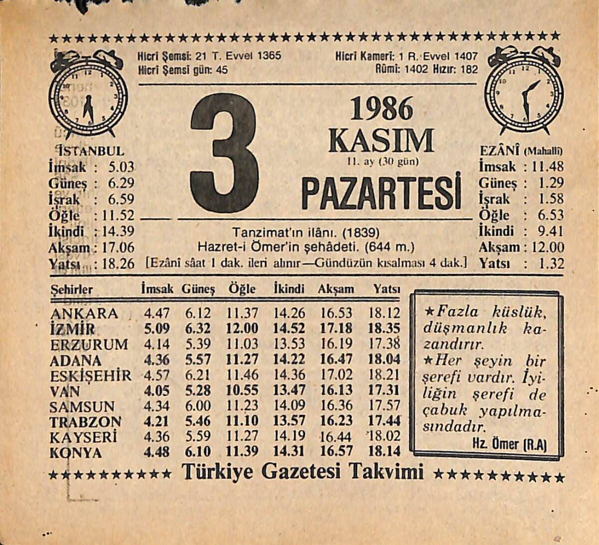 3 Kasım 1986 Takvim Yaprağı - Doğum Günü Hediyesi EFMN14898 - 1