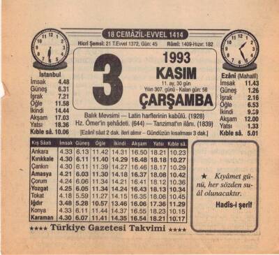 3 Kasım 1993 Takvim Yaprağı EFM(N)3857 - 1