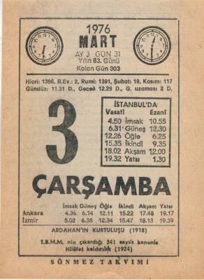3 Mart 1976 Takvim Yaprağı EFM(N)5944 - 3