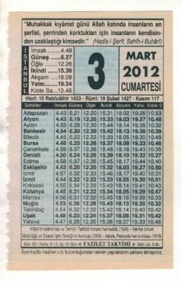 3 Mart 2012 Takvim Yaprağı EFM(N)1873 - 1