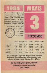 3 Mayıs 1984 Takvim Yaprağı EFM(N)6212 - Gökçekoleksiyon