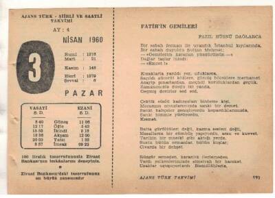 3 Nisan 1960 Ajans Türk Takvim Yaprağı (Şiirli Saatli) EFM(N)1560 - 2