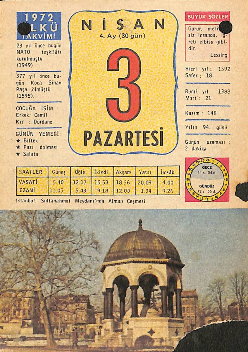3 Nisan 1972 Takvim Yaprağı - Doğum Günü Hediyesi EFMN13714 - 1