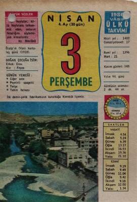 3 Nisan 1980 Takvim Yaprağı - Doğum Günü Hediyesi EFM(N)8417 - 2