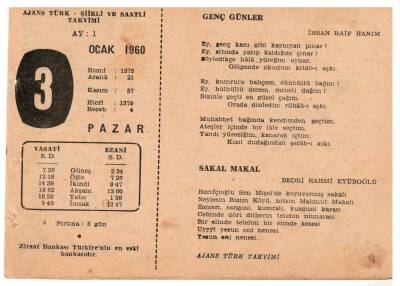 3 Ocak 1960 Ajans Türk Takvim Yaprağı(Şiirli Saatli) EFM(N)1076 - 5