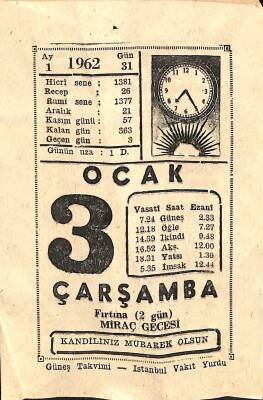 3 Ocak 1962 Takvim Yaprağı - Doğum Günü Hediyesi EFM(N)11261 - 1