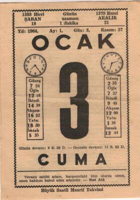 3 Ocak 1964 Takvim Yaprağı EFM(N)4529 - 1