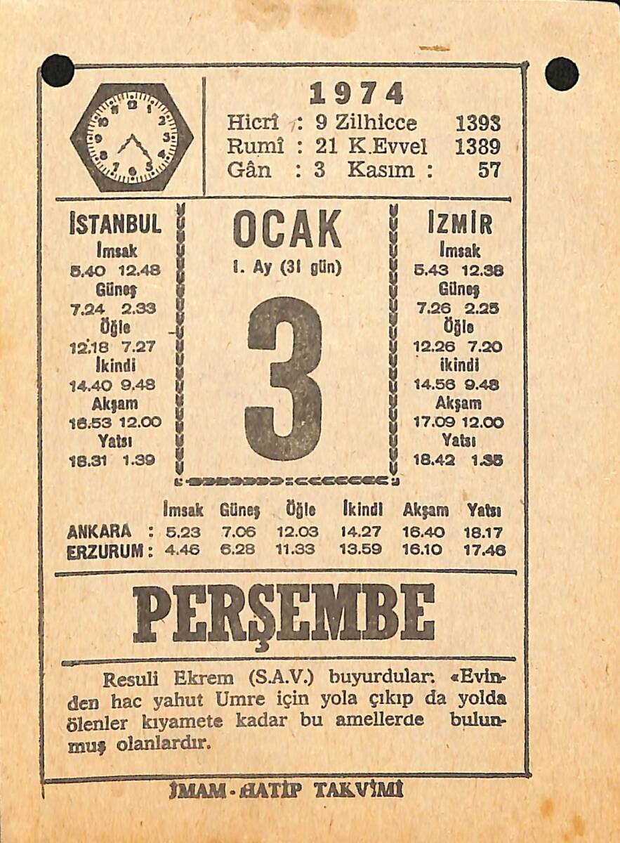 3 Ocak 1974 Takvim Yaprağı - Doğum Günü Hediyesi EFMN13687 - 1