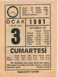 3 Ocak 1981 Takvim Yaprağı EFM(N)4649 - Gökçekoleksiyon