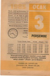 3 Ocak 1985 Takvim Yaprağı EFM(N)4773 - Gökçekoleksiyon