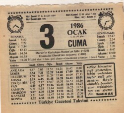 3 Ocak 1986 Takvim Yaprağı EFM(N)5021 - Gökçekoleksiyon
