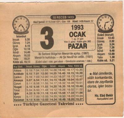 3 Ocak 1993 Takvim Yaprağı EFM(N)4835 - 1