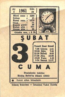 3 Şubat 1961 Takvim Yaprağı - Doğum Günü Hediyesi EFM(N)11271 - 1