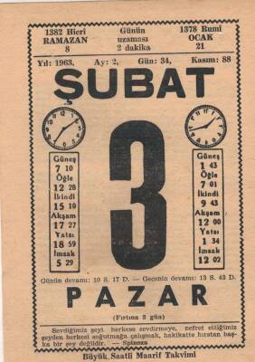 3 Şubat 1963 Takvim Yaprağı EFM(N)5692 - 3