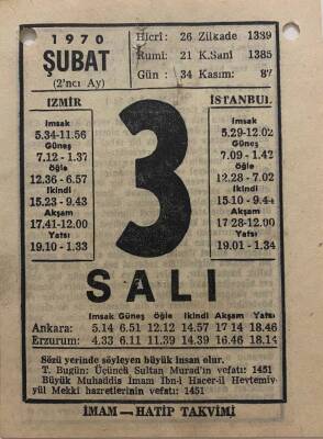 3 Şubat 1970 Takvim Yaprağı - Doğum Günü Hediyesi EFM(N)7753 - 1
