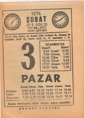 3 Şubat 1974 Takvim Yaprağı EFM(N)5242 - 1