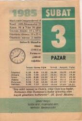 3 Şubat 1985 Takvim Yaprağı EFM(N)5129 - Gökçekoleksiyon