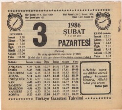 3 Şubat 1986 Takvim Yaprağı EFM(N)5214 - Gökçekoleksiyon