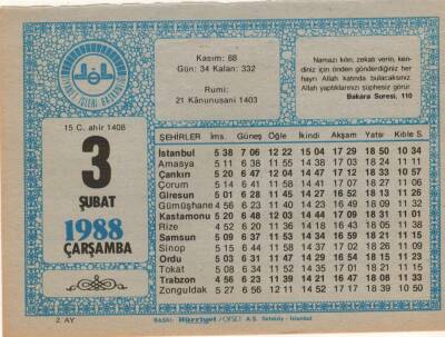 3 Şubat 1988 Takvim Yaprağı EFM(N)5493 - 1