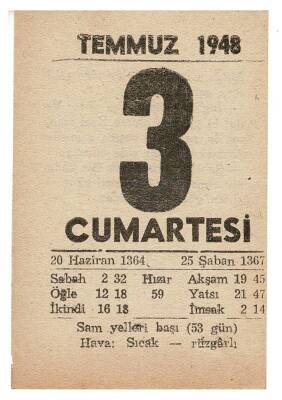 3 Temmuz 1948 Takvim Yaprağı EFM875 - 3