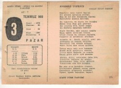 3 Temmuz 1960 Ajans Türk Takvim Yaprağı (Şiirli Saatli) EFM(N)1650 - 1