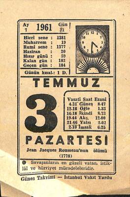 3 Temmuz 1961 Takvim Yaprağı - Doğum Günü Hediyesi EFM(N)11446 - 1