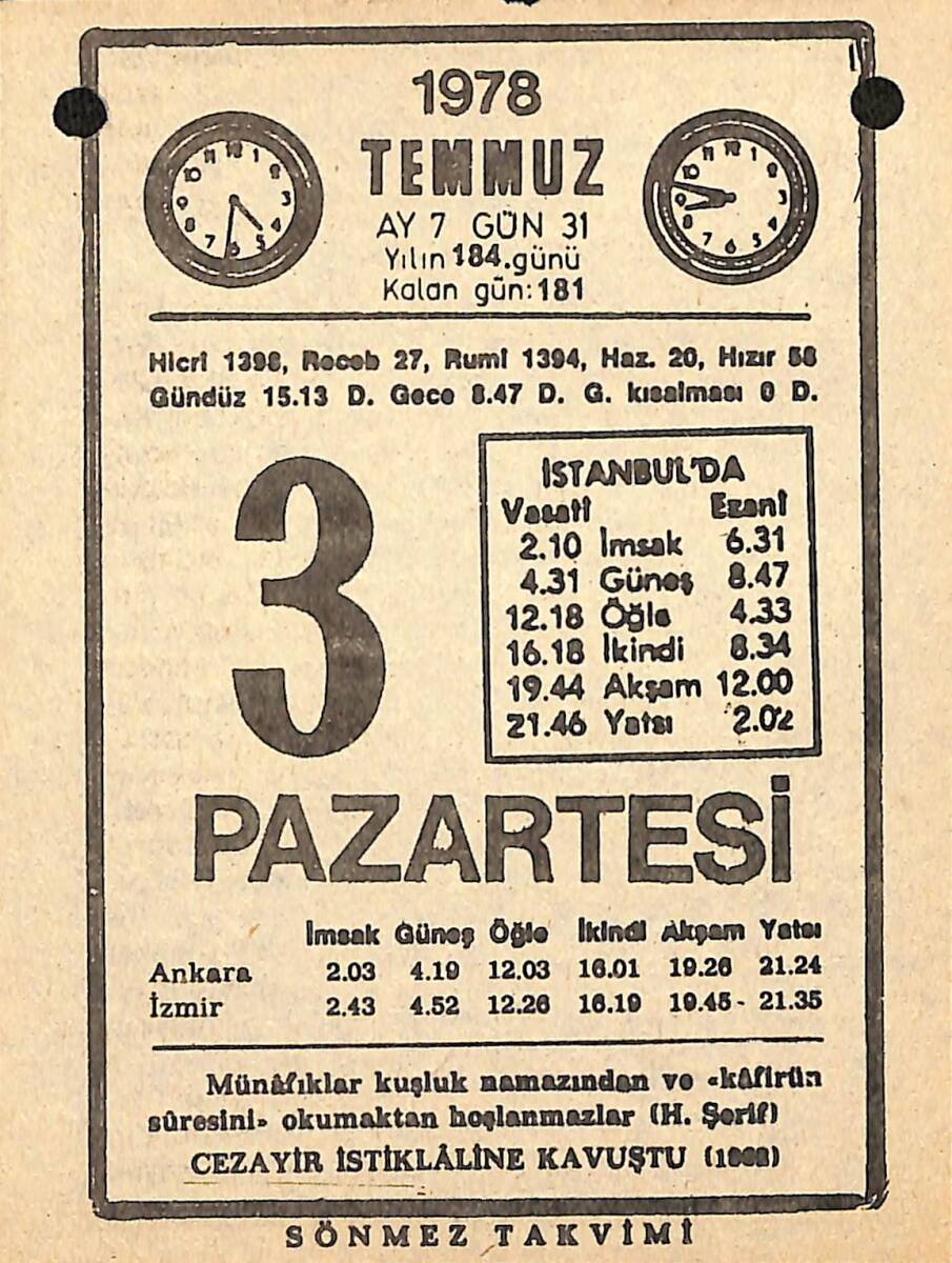 3 Temmuz 1978 Takvim Yaprağı - Doğum Günü Hediyesi EFMN15357 - 1