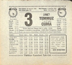 3 Temmuz 1987 Takvim Yaprağı - Doğum Günü Hediyesi EFMN13815 - Gökçekoleksiyon