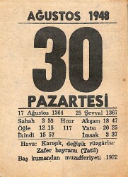30 Ağustos 1948 Takvim Yaprağı - Doğum Günü Hediyesi EFMN14408 - Gökçekoleksiyon
