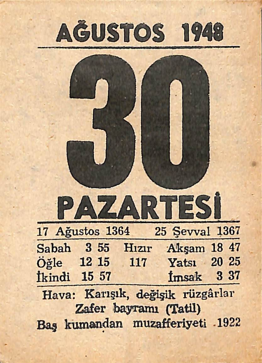 30 Ağustos 1948 Takvim Yaprağı - Doğum Günü Hediyesi EFMN14408 - 1