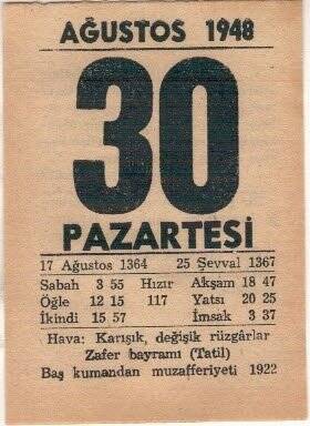 30 Ağustos 1948 Takvim Yaprağı EFM(N)1476 - 3