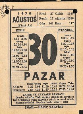 30 Ağustos 1970 Takvim Yaprağı - Doğum Günü Hediyesi EFM(N)9697 - 2