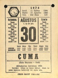 30 Ağustos 1974 Takvim Yaprağı - Doğum Günü Hediyesi EFM(N)12175 - Gökçekoleksiyon