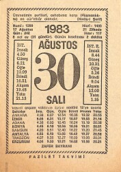 30 Ağustos 1983 Takvim Yaprağı - Doğum Günü Hediyesi EFMN15394 - Gökçekoleksiyon