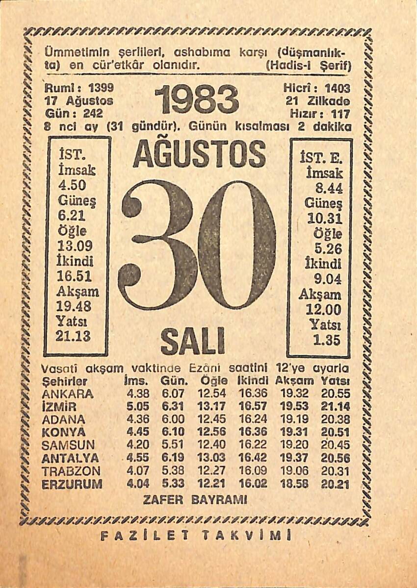 30 Ağustos 1983 Takvim Yaprağı - Doğum Günü Hediyesi EFMN15394 - 1