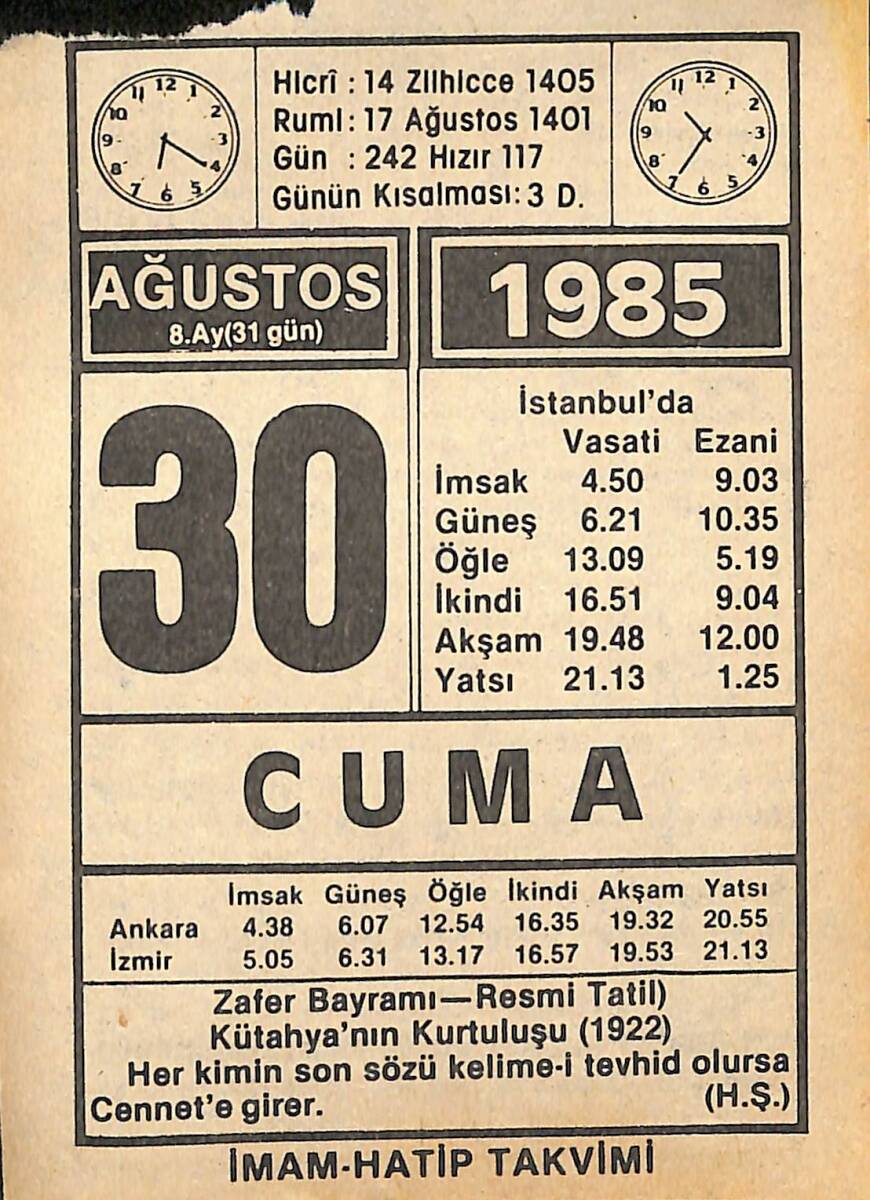 30 Ağustos 1985 Takvim Yaprağı - Doğum Günü Hediyesi EFMN15683 - 1