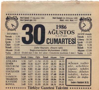 30 Ağustos 1986 Takvim Yaprağı EFM(N)2562 - 3