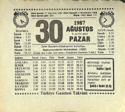 30 Ağustos 1987 Takvim Yaprağı - Doğum Günü Hediyesi EFMN13873 - Gökçekoleksiyon