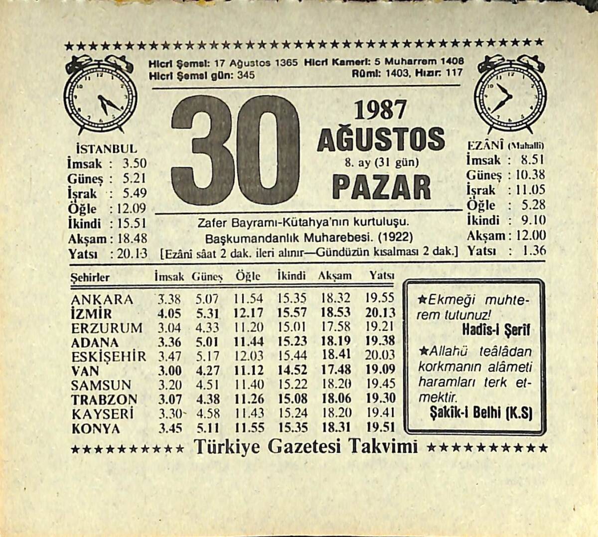 30 Ağustos 1987 Takvim Yaprağı - Doğum Günü Hediyesi EFMN13873 - 1
