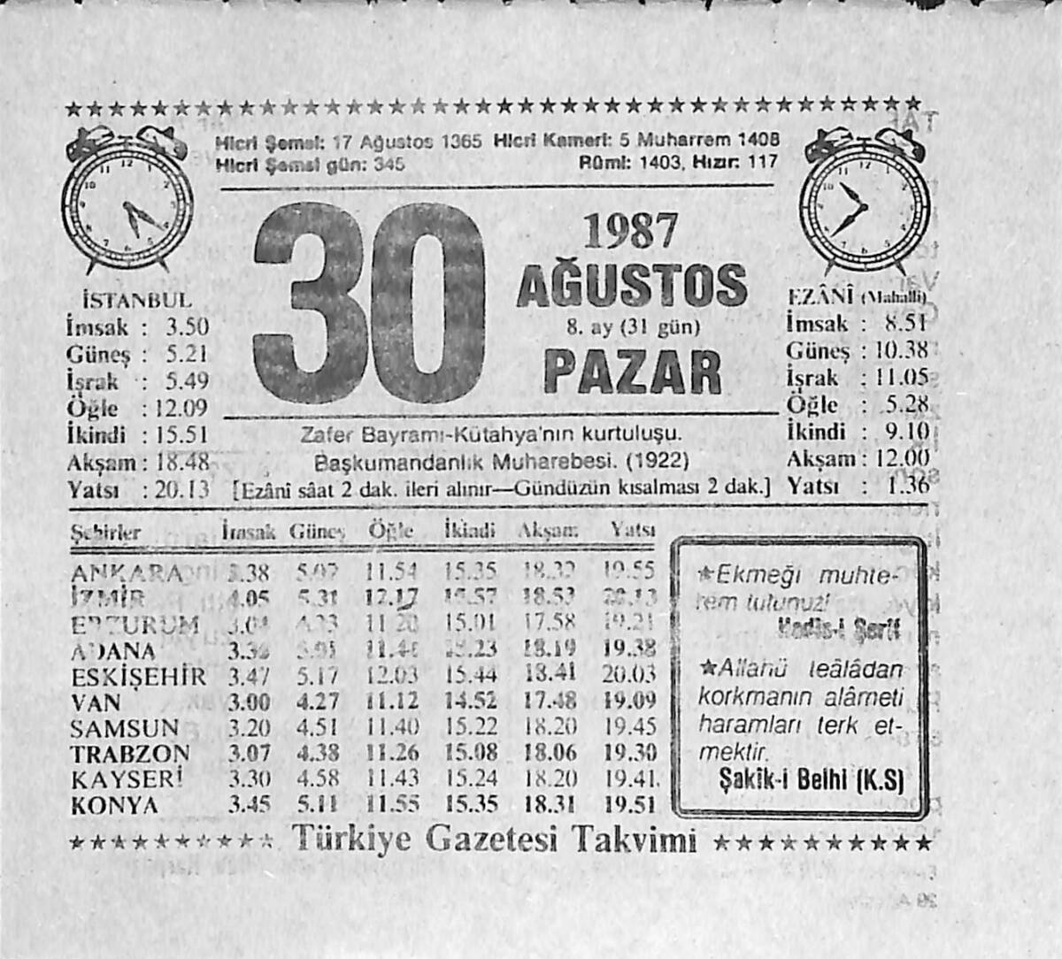 30 Ağustos 1987 Takvim Yaprağı - Doğum Günü Hediyesi EFMN13934 - 1