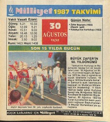 30 Ağustos 1987 Takvim Yaprağı - Doğum Günü Hediyesi EFMN14088 - Gökçekoleksiyon