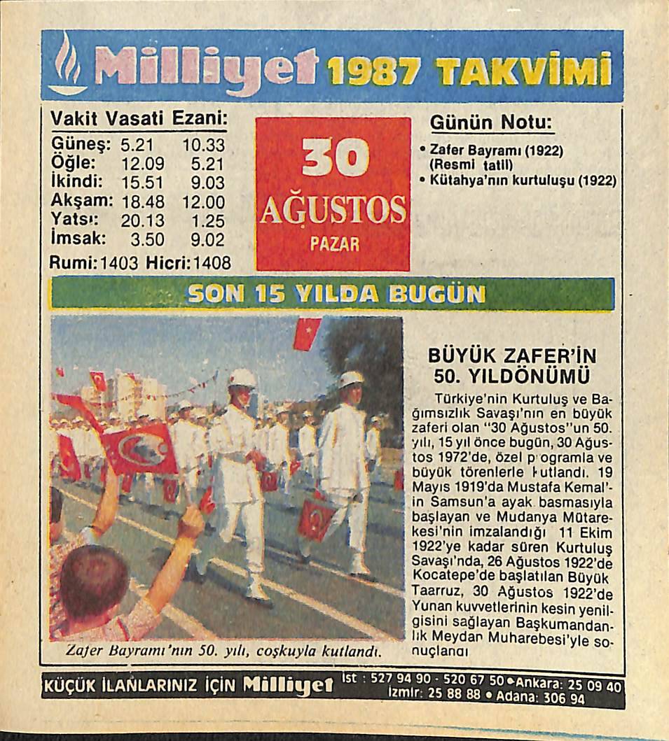 30 Ağustos 1987 Takvim Yaprağı - Doğum Günü Hediyesi EFMN14088 - 1