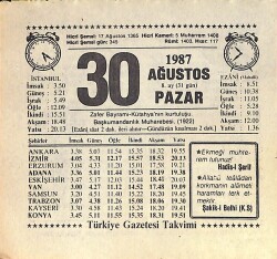 30 Ağustos 1987 Takvim Yaprağı - Doğum Günü Hediyesi EFMN15853 - Gökçekoleksiyon