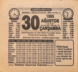 30 Ağustos 1995 Takvim Yaprağı - Doğum Günü Hediyesi EFMN15443 - Gökçekoleksiyon