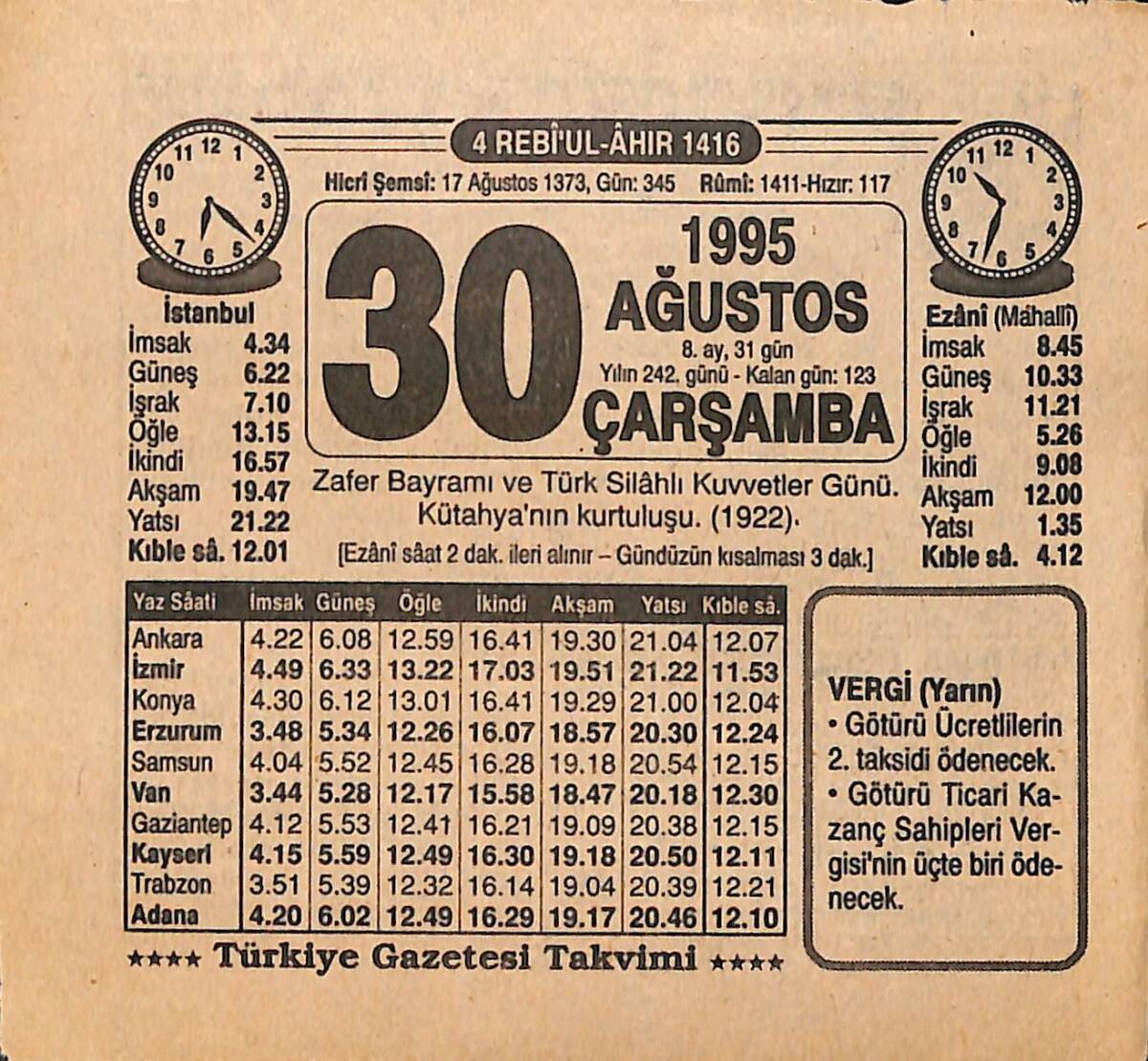 30 Ağustos 1995 Takvim Yaprağı - Doğum Günü Hediyesi EFMN15443 - 1