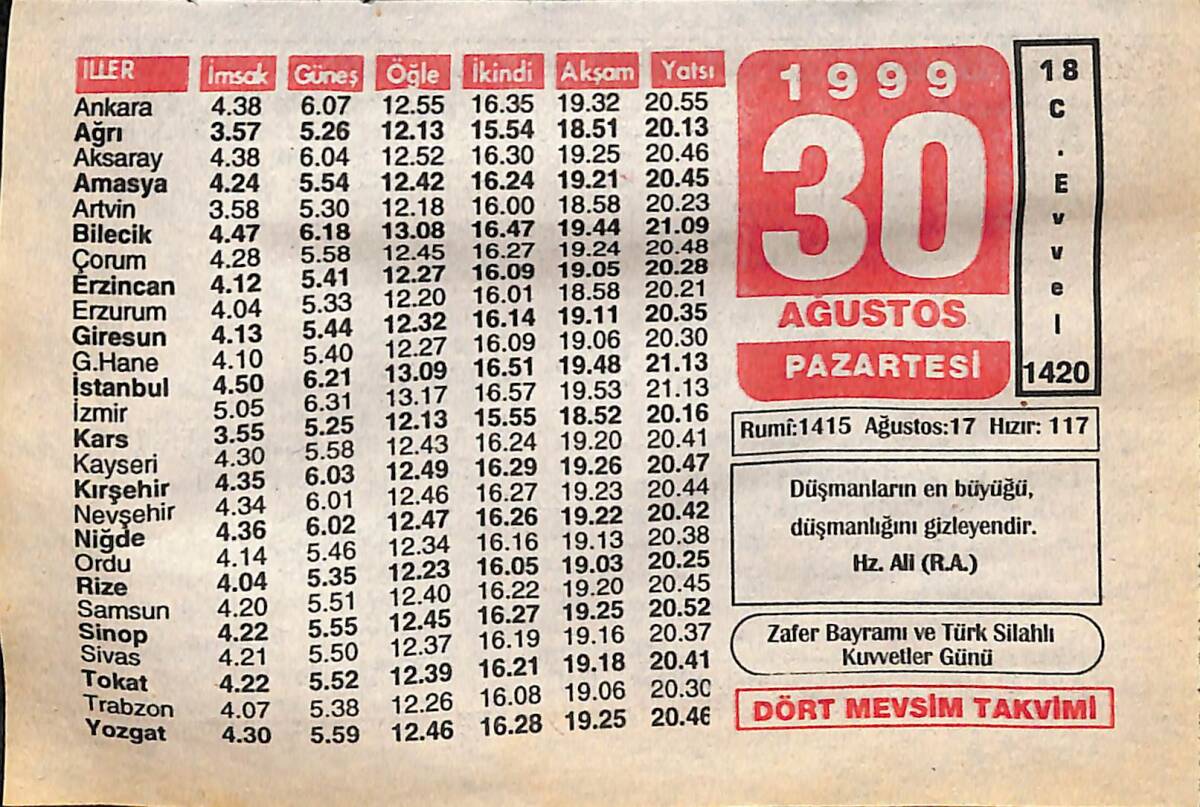 30 Ağustos 1999 Takvim Yaprağı - Doğum Günü Hediyesi EFMN14026 - 1