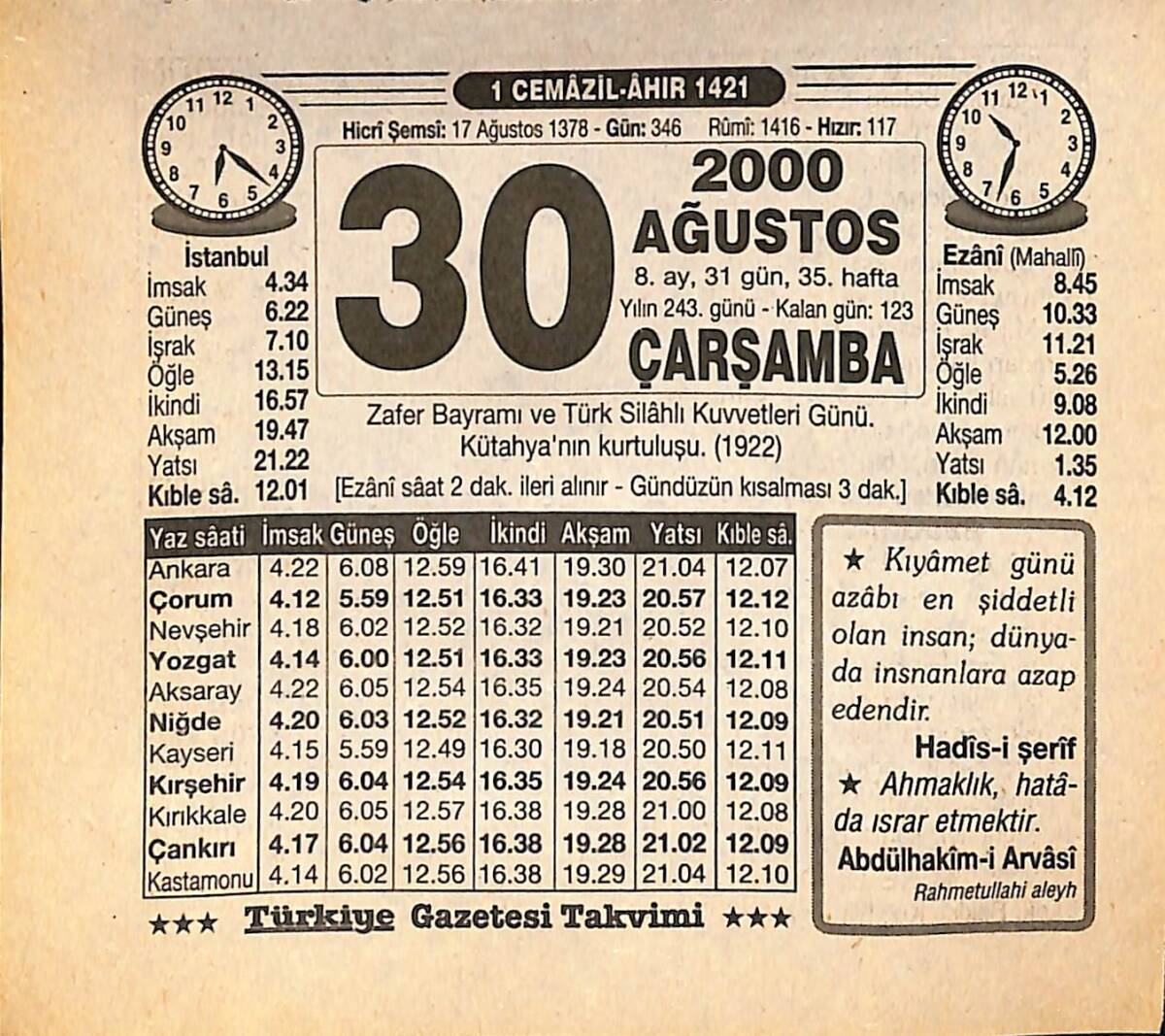 30 Ağustos 2000 Takvim Yaprağı - Doğum Günü Hediyesi EFMN14261 - 1