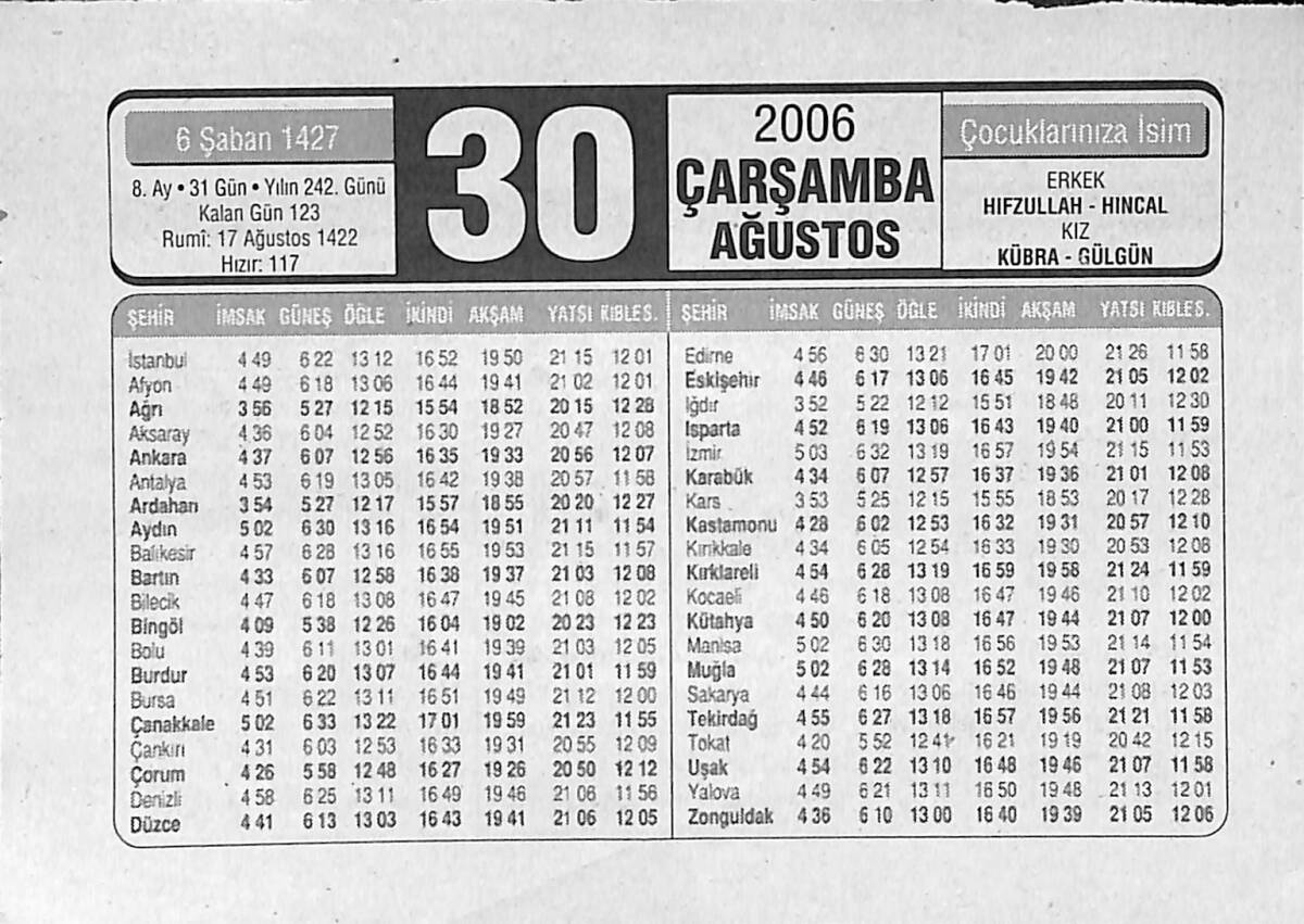 30 Ağustos 2006 Takvim Yaprağı - Doğum Günü Hediyesi EFMN14177 - 1